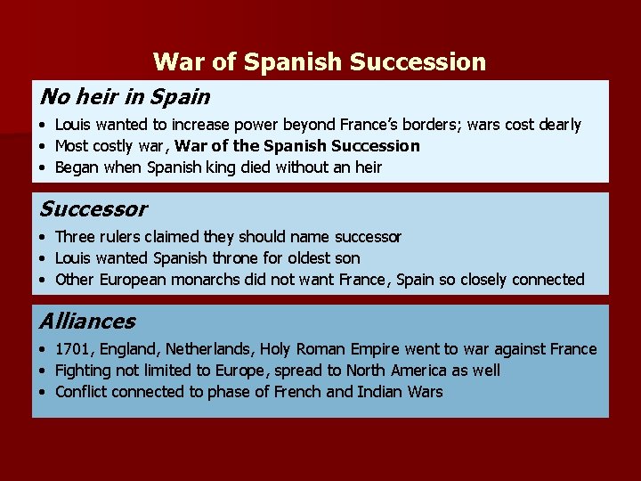 War of Spanish Succession No heir in Spain • Louis wanted to increase power