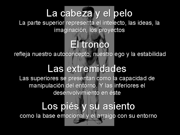 La cabeza y el pelo La parte superior representa el intelecto, las ideas, la