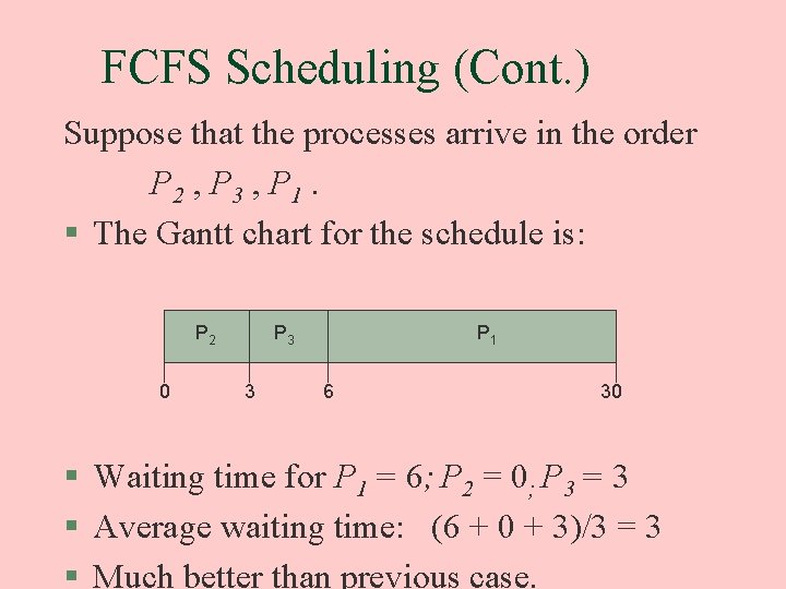 FCFS Scheduling (Cont. ) Suppose that the processes arrive in the order P 2