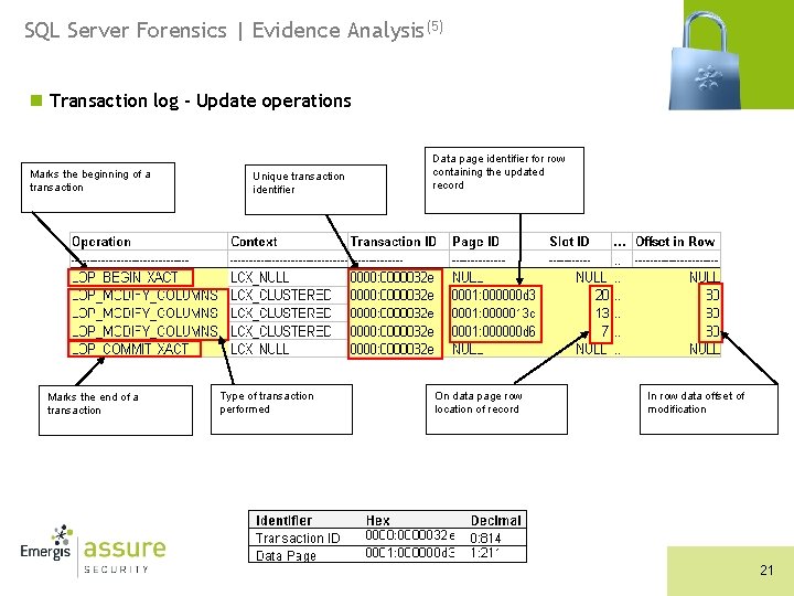 SQL Server Forensics | Evidence Analysis(5) n Transaction log – Update operations Marks the