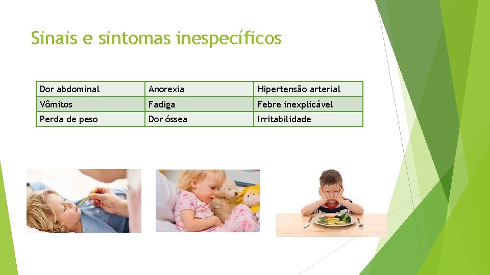 Sinais e sintomas inespecíficos Dor abdominal Anorexia Hipertensão arterial Vômitos Fadiga Febre inexplicável Perda