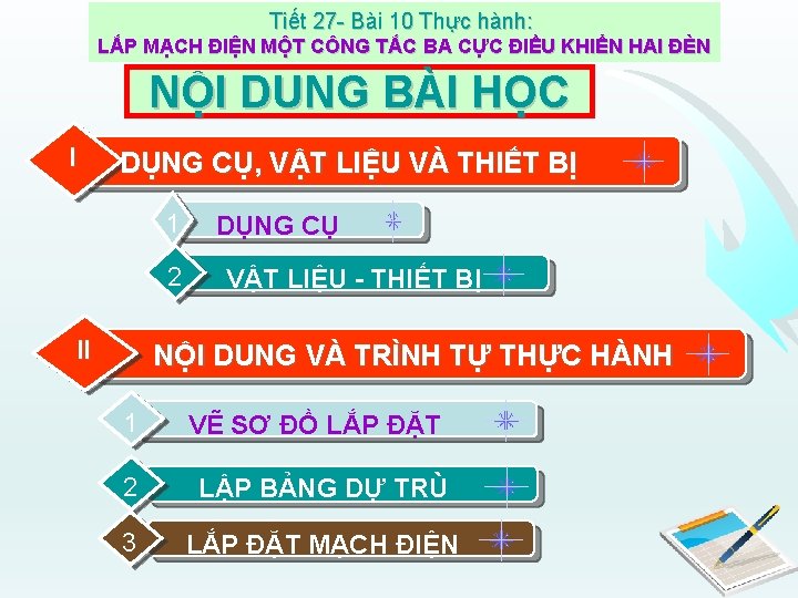 Tiết 27 - Bài 10 Thực hành: LẮP MẠCH ĐIỆN MỘT CÔNG TẮC BA