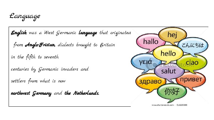 Language English was a West Germanic language that originated from Anglo-Frisian, dialects brought to