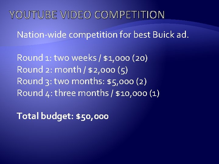 YOUTUBE VIDEO COMPETITION Nation-wide competition for best Buick ad. Round 1: two weeks /