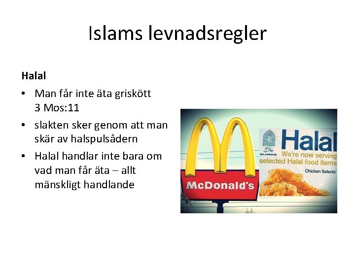 Islams levnadsregler Halal • Man får inte äta griskött 3 Mos: 11 • slakten