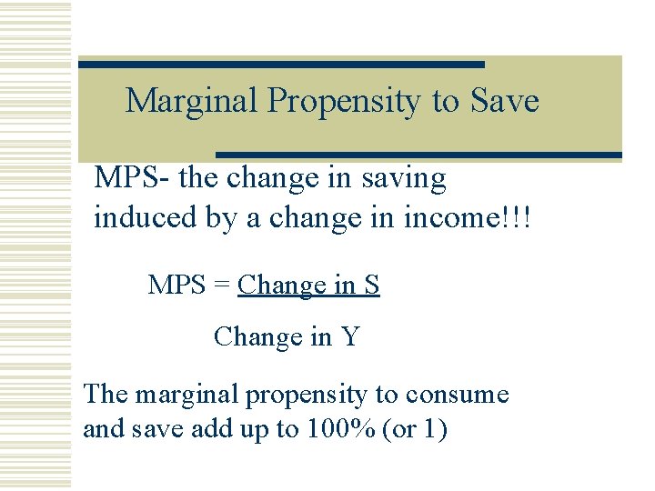 Marginal Propensity to Save MPS- the change in saving induced by a change in