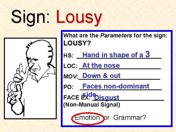 Sign: Lousy What are the Parameters for the sign: LOUSY? Hand in shape of