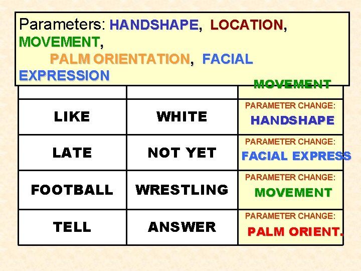 Parameters: HANDSHAPE, LOCATION, MOVEMENT, PALM ORIENTATION, FACIAL PARAMETER CHANGE: EXPRESSION PAPER SCHOOL MOVEMENT LIKE