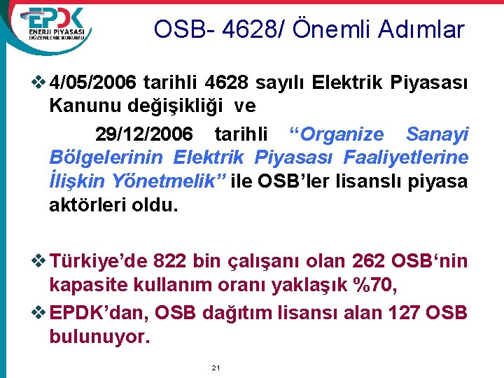 OSB- 4628/ Önemli Adımlar v 4/05/2006 tarihli 4628 sayılı Elektrik Piyasası Kanunu değişikliği ve