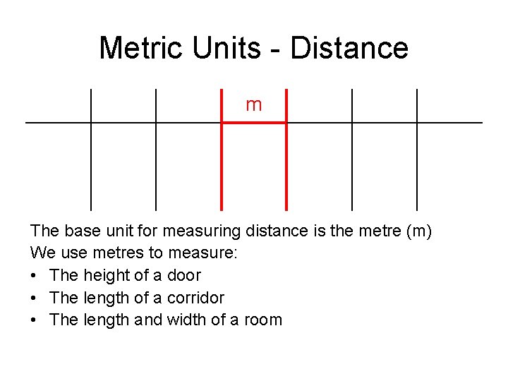 Metric Units - Distance m The base unit for measuring distance is the metre
