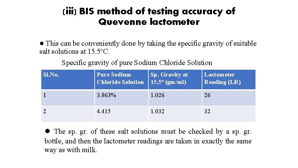 (iii) BIS method of testing accuracy of Quevenne lactometer ● This can be conveniently