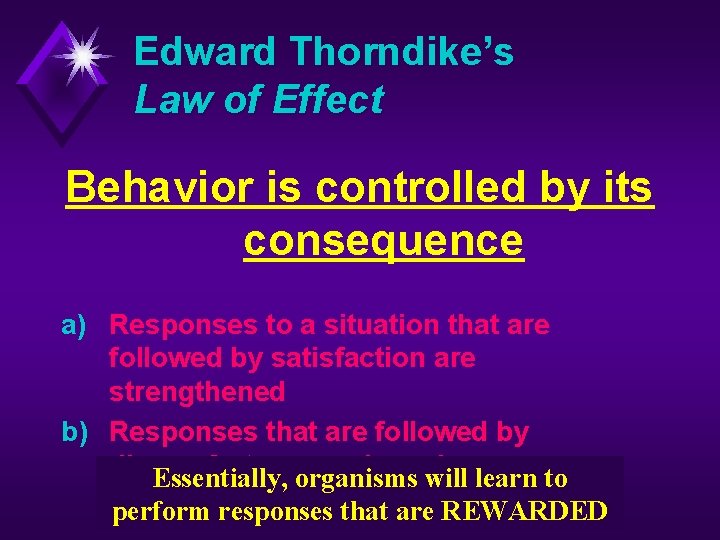 Edward Thorndike’s Law of Effect Behavior is controlled by its consequence a) Responses to