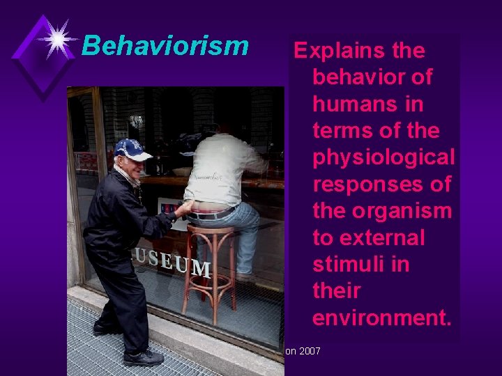 Behaviorism Explains the behavior of humans in terms of the physiological responses of the