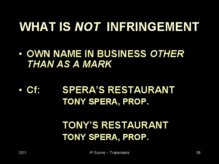 WHAT IS NOT INFRINGEMENT • OWN NAME IN BUSINESS OTHER THAN AS A MARK