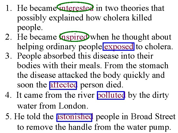 1. He became interested in two theories that possibly explained how cholera killed people.