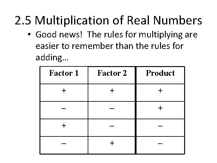 2. 5 Multiplication of Real Numbers • Good news! The rules for multiplying are