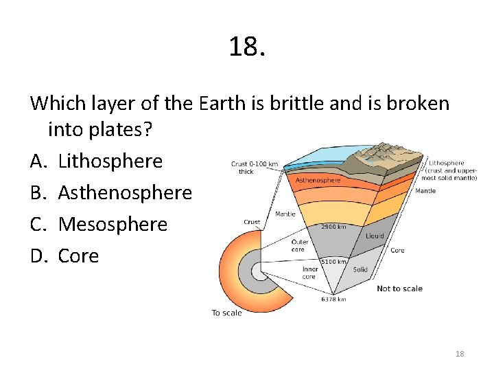 18. Which layer of the Earth is brittle and is broken into plates? A.