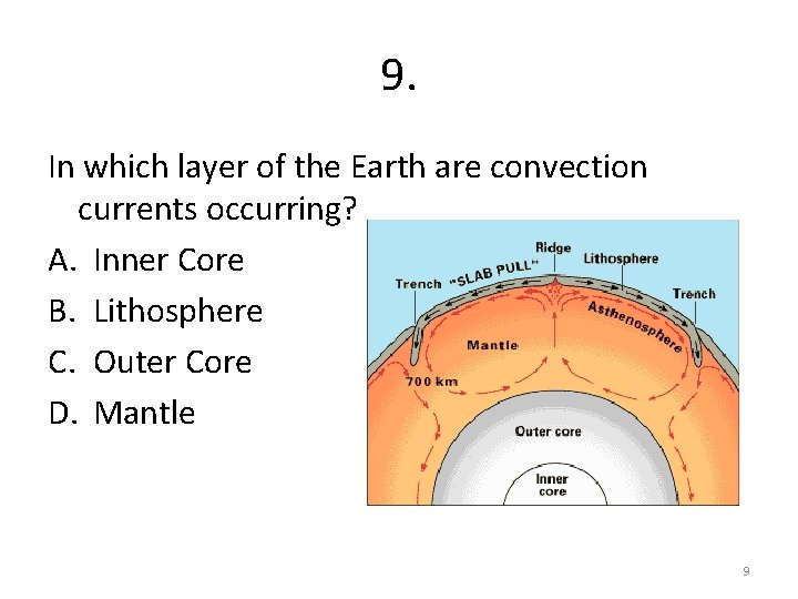 9. In which layer of the Earth are convection currents occurring? A. Inner Core