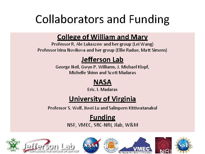 Collaborators and Funding College of William and Mary Professor R. Ale Lukaszew and her