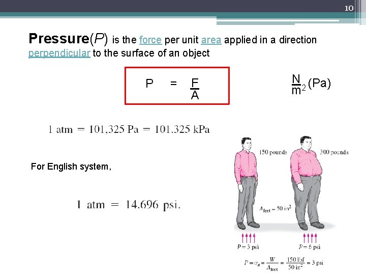 10 Pressure(P) is the force per unit area applied in a direction perpendicular to