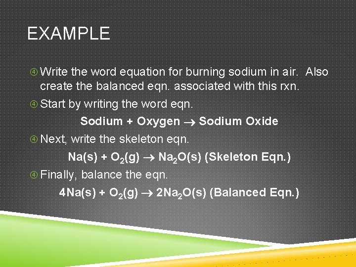 EXAMPLE Write the word equation for burning sodium in air. Also create the balanced