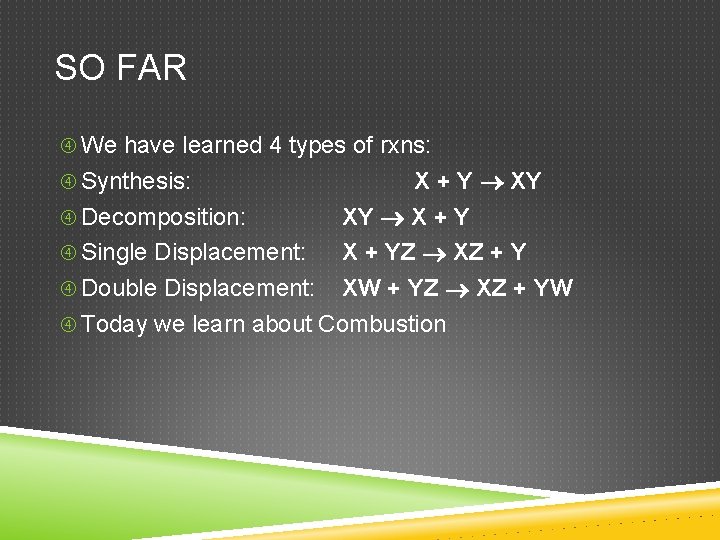 SO FAR We have learned 4 types of rxns: X + Y XY Decomposition: