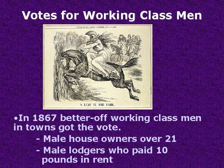 Votes for Working Class Men • In 1867 better-off working class men in towns