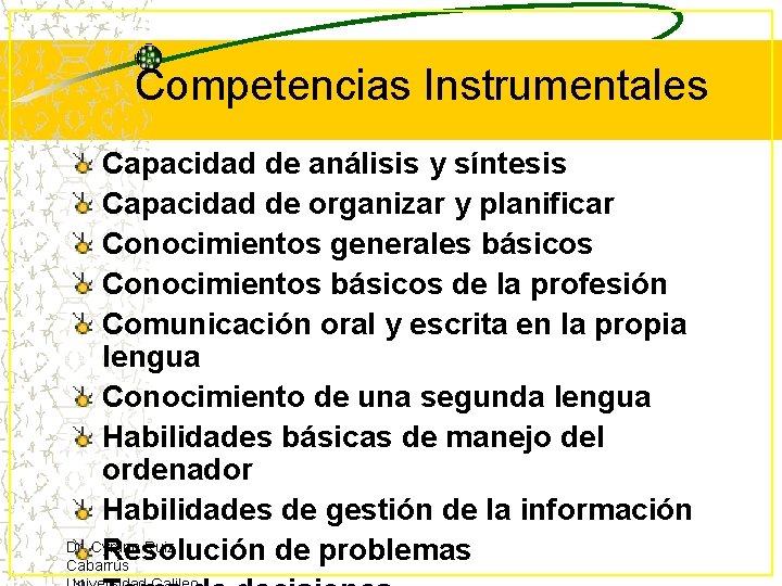 Competencias Instrumentales Capacidad de análisis y síntesis Capacidad de organizar y planificar Conocimientos generales