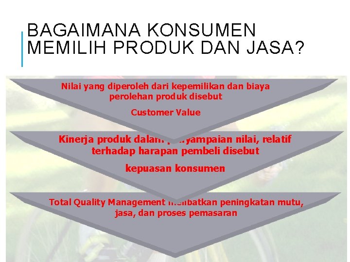 BAGAIMANA KONSUMEN MEMILIH PRODUK DAN JASA? Nilai yang diperoleh dari kepemilikan dan biaya perolehan