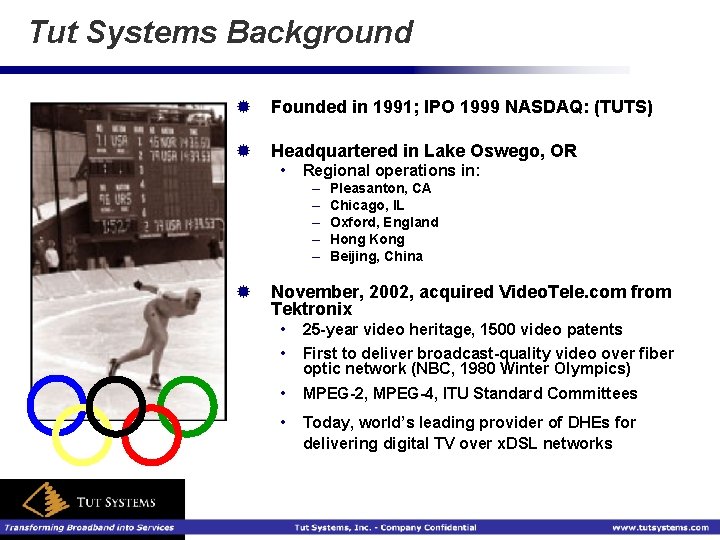 Tut Systems Background ® Founded in 1991; IPO 1999 NASDAQ: (TUTS) ® Headquartered in