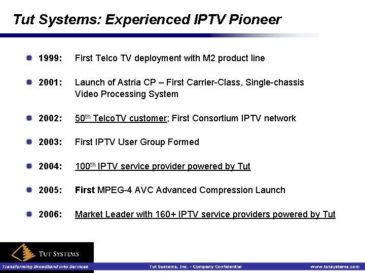 Tut Systems: Experienced IPTV Pioneer ® 1999: First Telco TV deployment with M 2