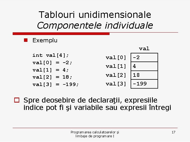 Tablouri unidimensionale Componentele individuale n Exemplu val int val[4]; val[0] = -2; val[1] =