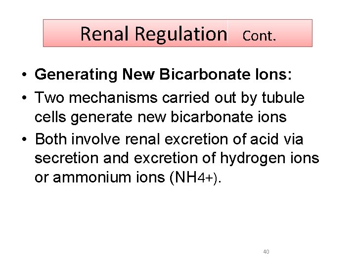 Renal Regulation Cont. • Generating New Bicarbonate Ions: • Two mechanisms carried out by