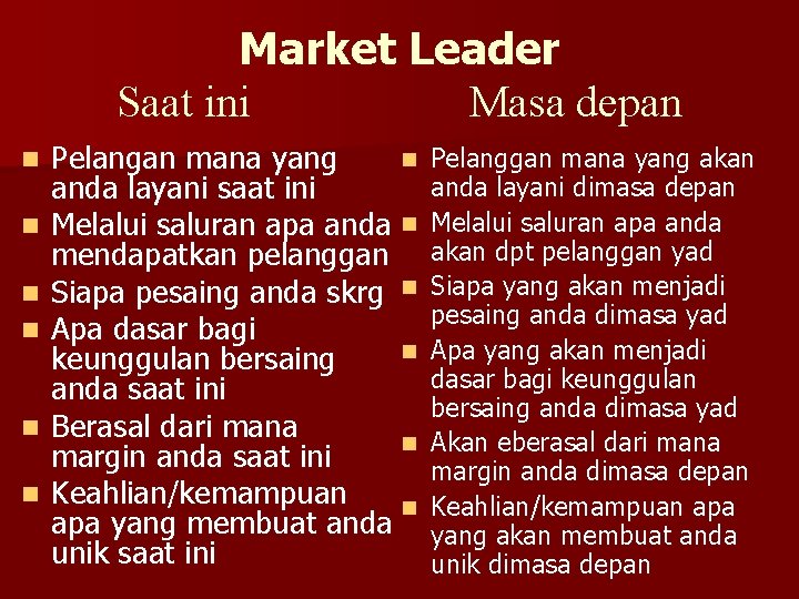 Market Leader Saat ini Masa depan n n n Pelangan mana yang anda layani