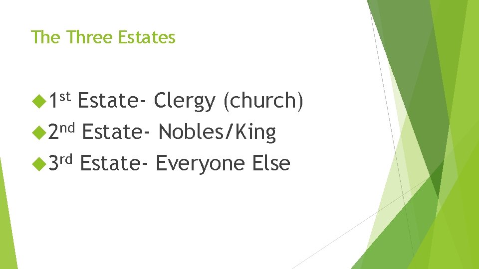 The Three Estates st 1 Estate- Clergy (church) 2 nd Estate- Nobles/King 3 rd