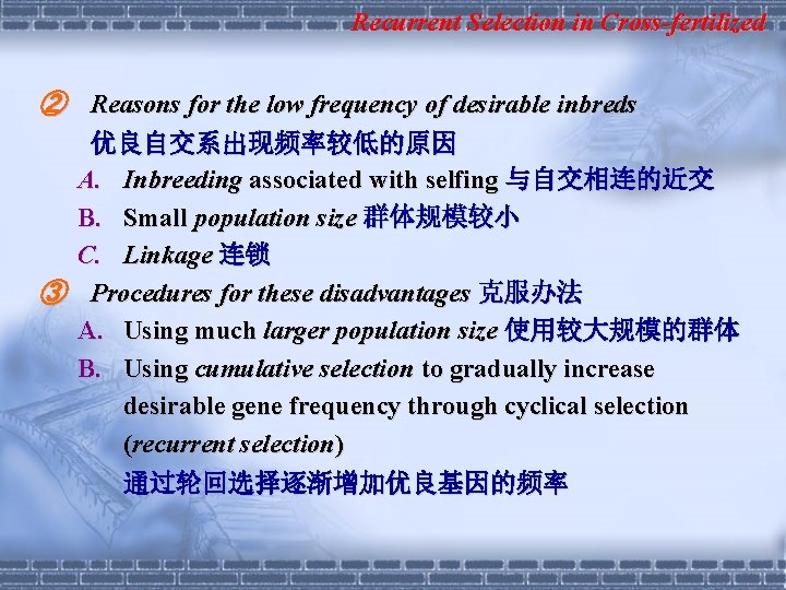 Recurrent Selection in Cross-fertilized ② Reasons for the low frequency of desirable inbreds 优良自交系出现频率较低的原因
