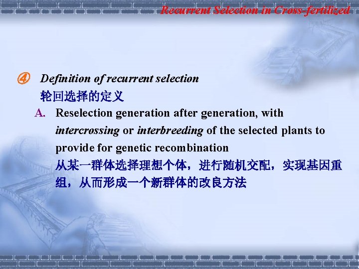 Recurrent Selection in Cross-fertilized ④ Definition of recurrent selection 轮回选择的定义 A. Reselection generation after