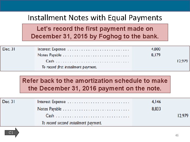 14 - 46 Installment Notes with Equal Payments Let’s record the first payment made