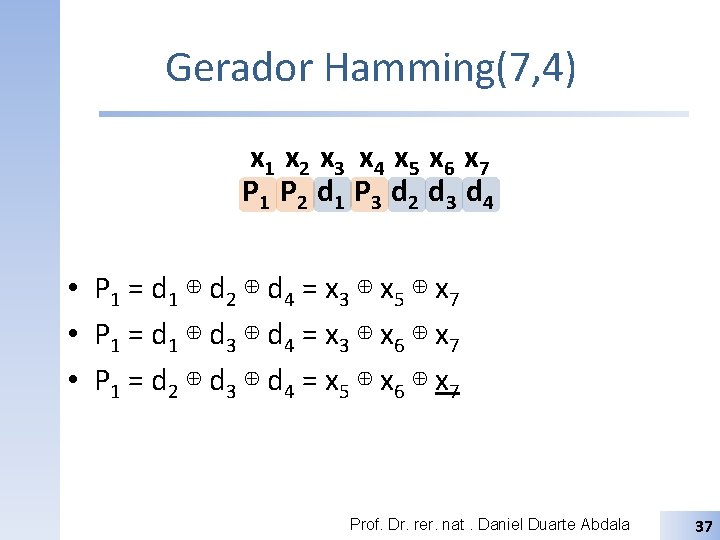 Gerador Hamming(7, 4) x 1 x 2 x 3 x 4 x 5 x