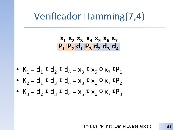 Verificador Hamming(7, 4) x 1 x 2 x 3 x 4 x 5 x