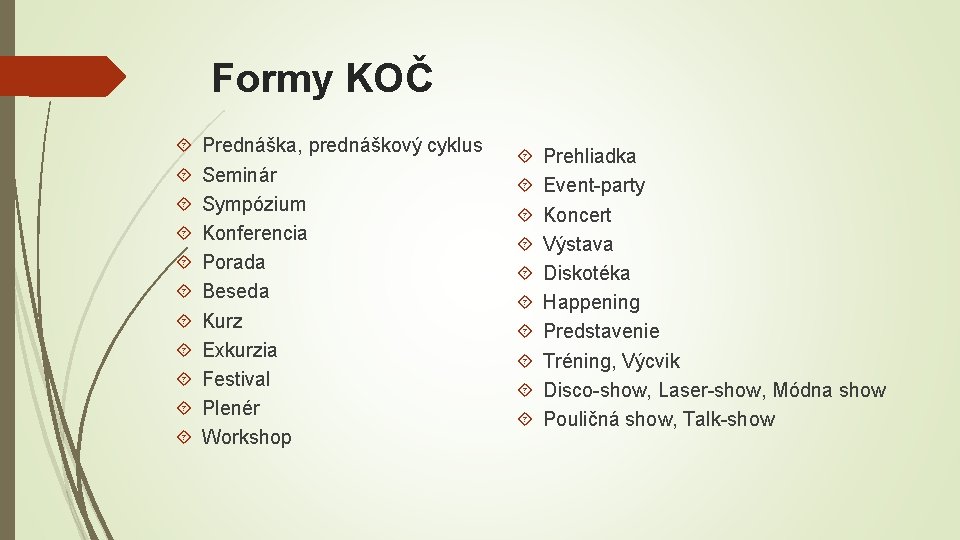 Formy KOČ Prednáška, prednáškový cyklus Seminár Sympózium Konferencia Porada Beseda Kurz Exkurzia Festival Plenér