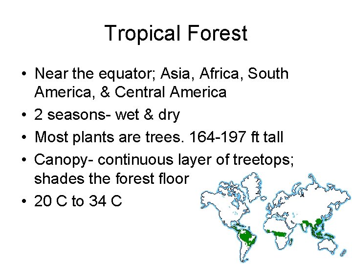 Tropical Forest • Near the equator; Asia, Africa, South America, & Central America •