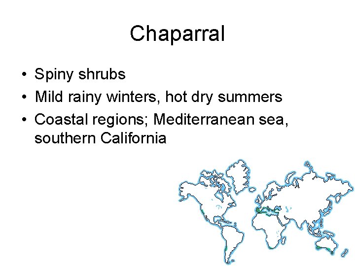 Chaparral • Spiny shrubs • Mild rainy winters, hot dry summers • Coastal regions;
