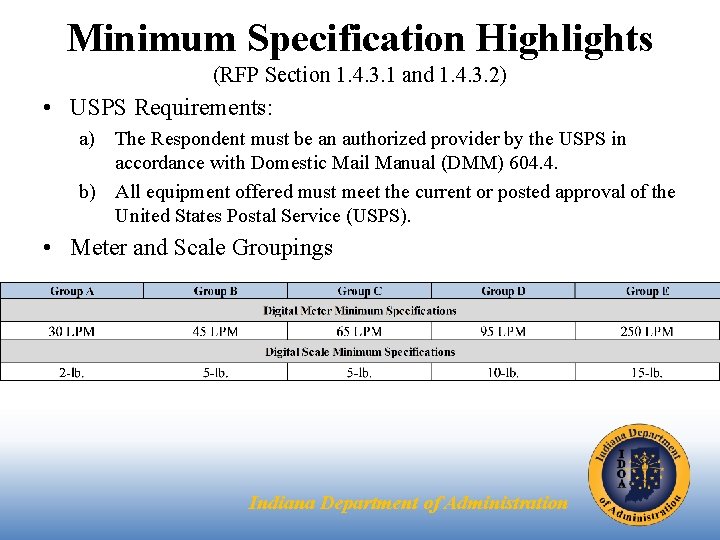 Minimum Specification Highlights (RFP Section 1. 4. 3. 1 and 1. 4. 3. 2)