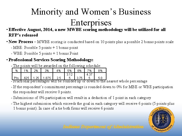 Minority and Women’s Business Enterprises • Effective August, 2014, a new MWBE scoring methodology