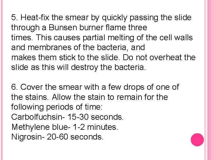 5. Heat-fix the smear by quickly passing the slide through a Bunsen burner flame