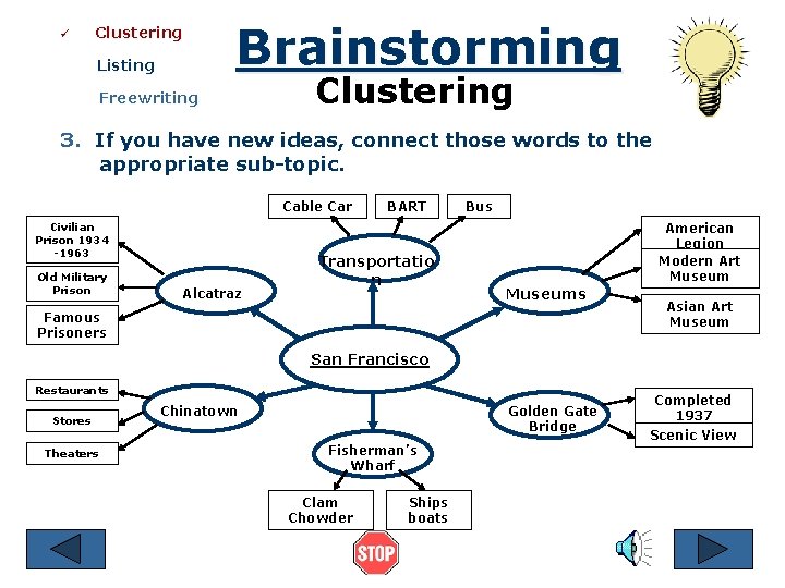 ü Clustering Listing Brainstorming Freewriting Clustering 3. If you have new ideas, connect those