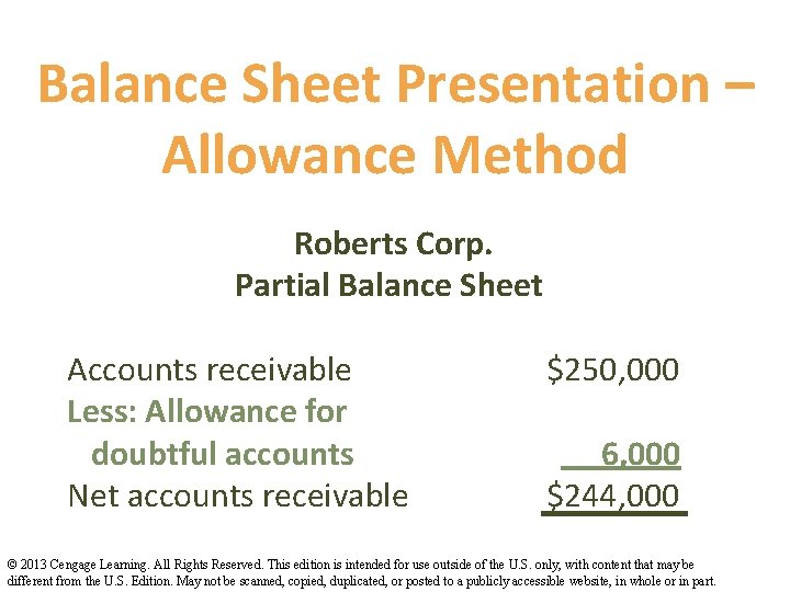 Balance Sheet Presentation – Allowance Method Roberts Corp. Partial Balance Sheet Accounts receivable Less: