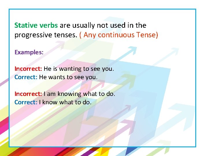 Stative verbs are usually not used in the progressive tenses. ( Any continuous Tense)
