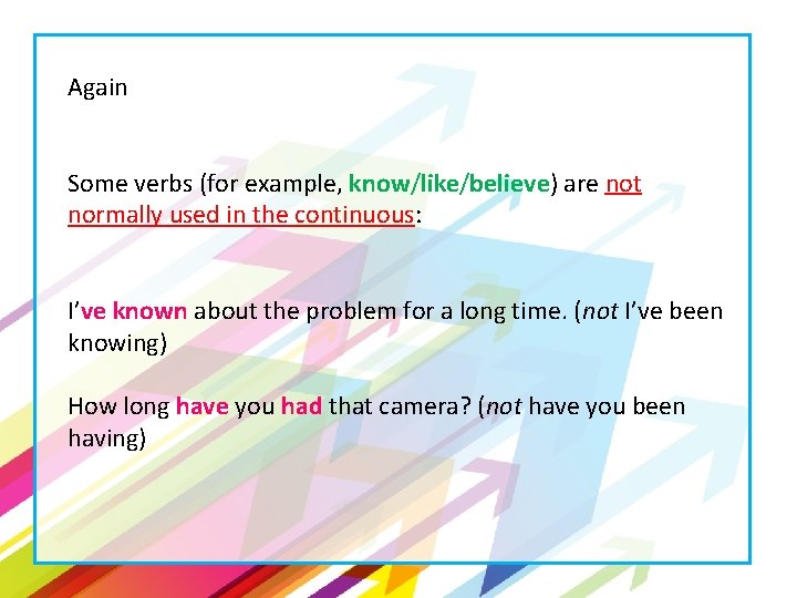 Again Some verbs (for example, know/like/believe) are not normally used in the continuous: I’ve